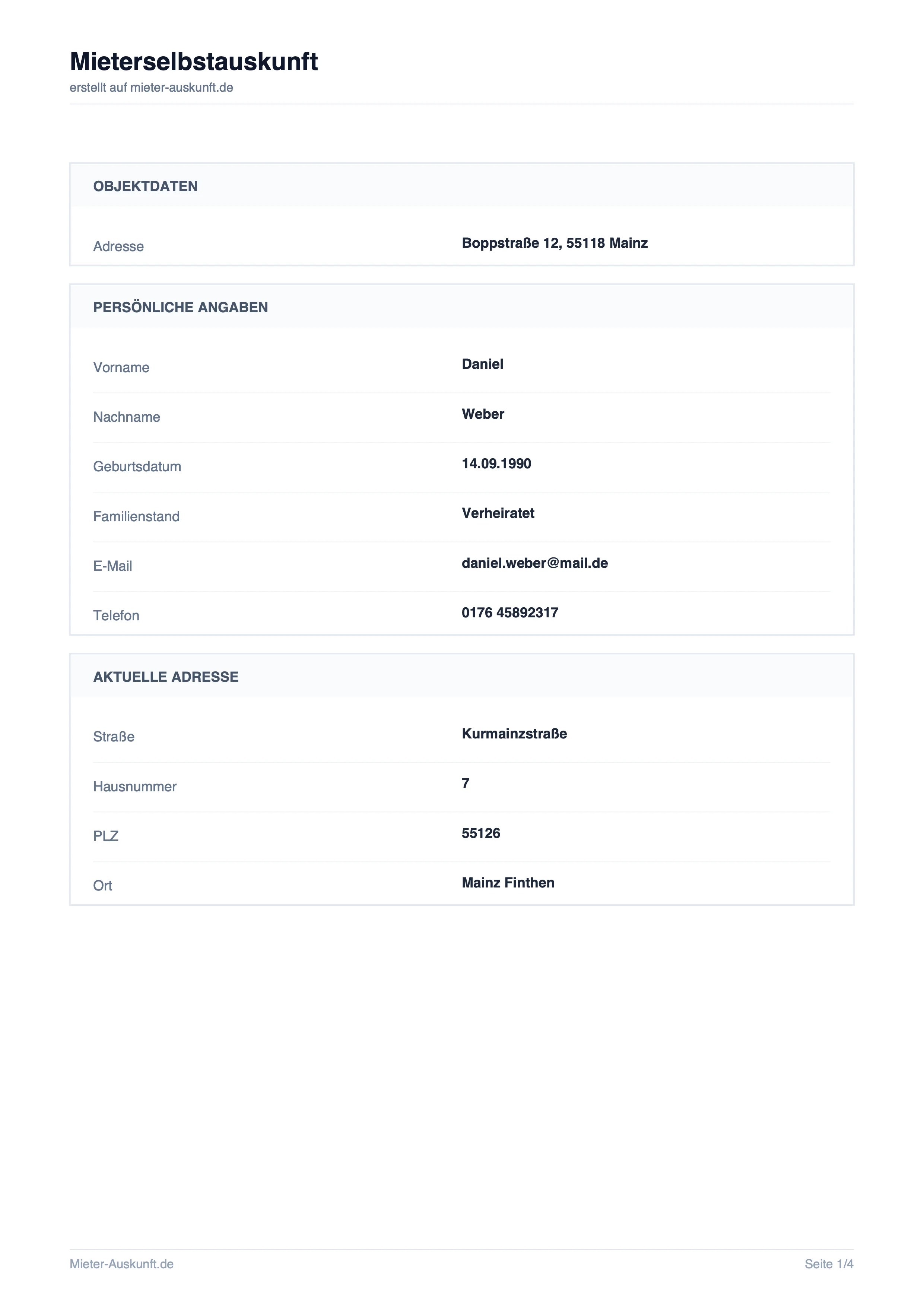 Mieterselbstauskunft PDF Vorlage Seite 1