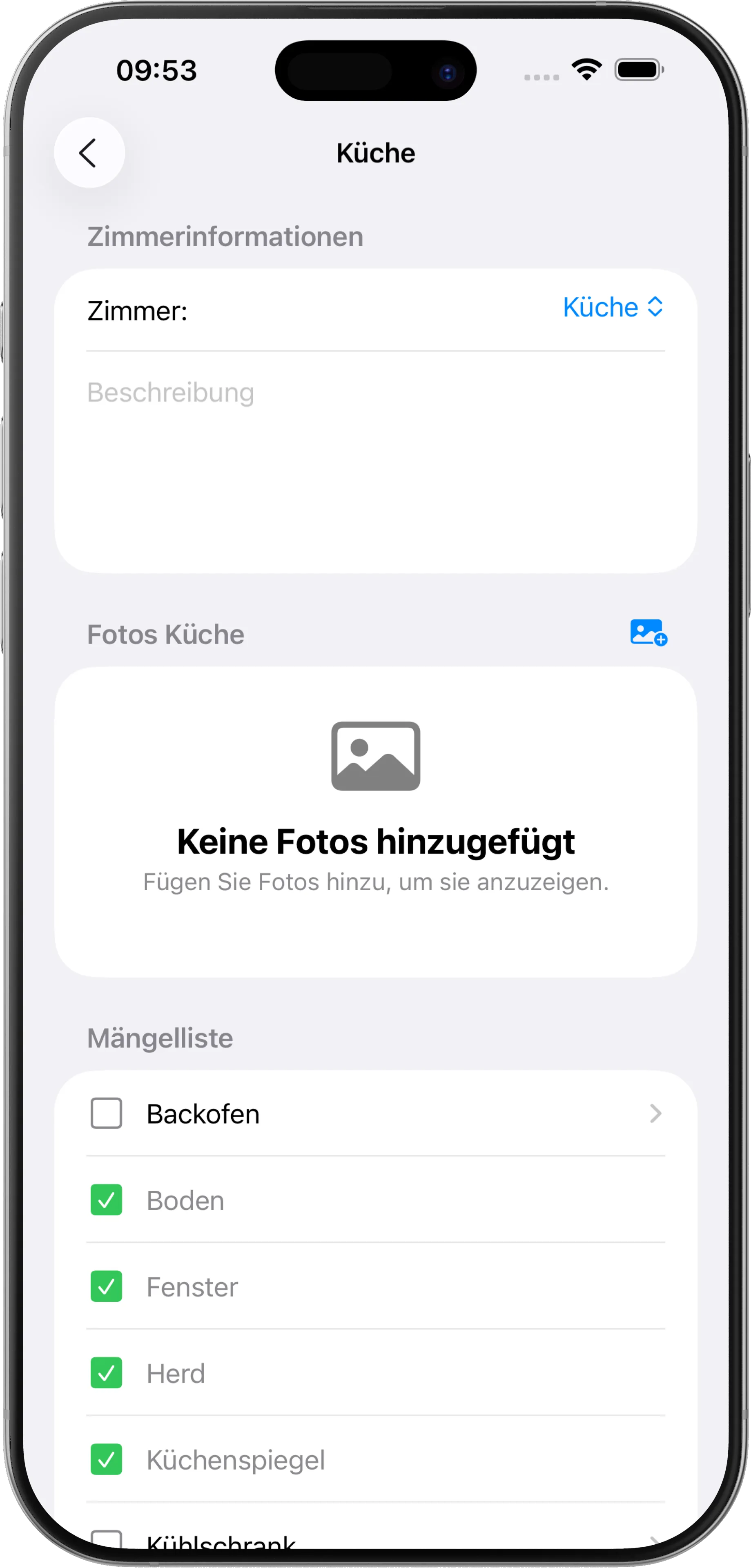 Raum- und Mängelliste in der Immobilien Protokoll App